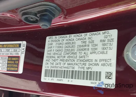 2017 Honda Cr-V Ex-L/Ex-L Navi из США, поврежденный, VIN 2HKRW1H87HH507790